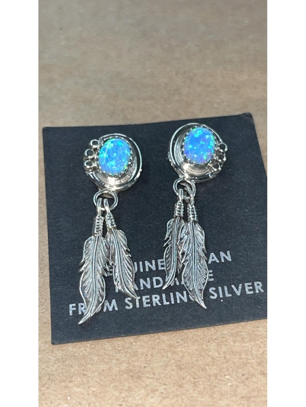 Native American Navajo handmade sterling silver opal post feather earrings